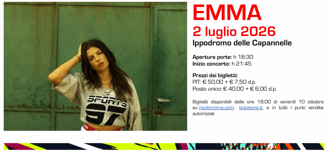 ROCK IN ROMA 2026: EMMA live il 2 luglio 2026 all’Ippodromo delle Capannelle